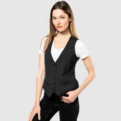 K502 Gilet donna 5 bottoni taglio aderente con cinturino posteriore regolabile 64% poliestere 34% viscosa 2% elastan 220g